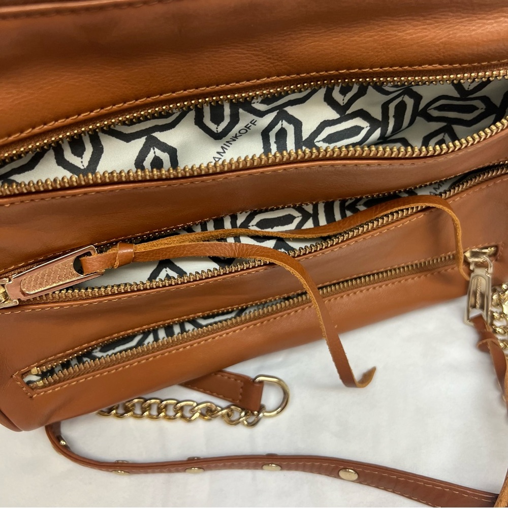 Rebecca Minkoff tan leather crossbody bag with zippers and gold details. - Picture 10 of 13